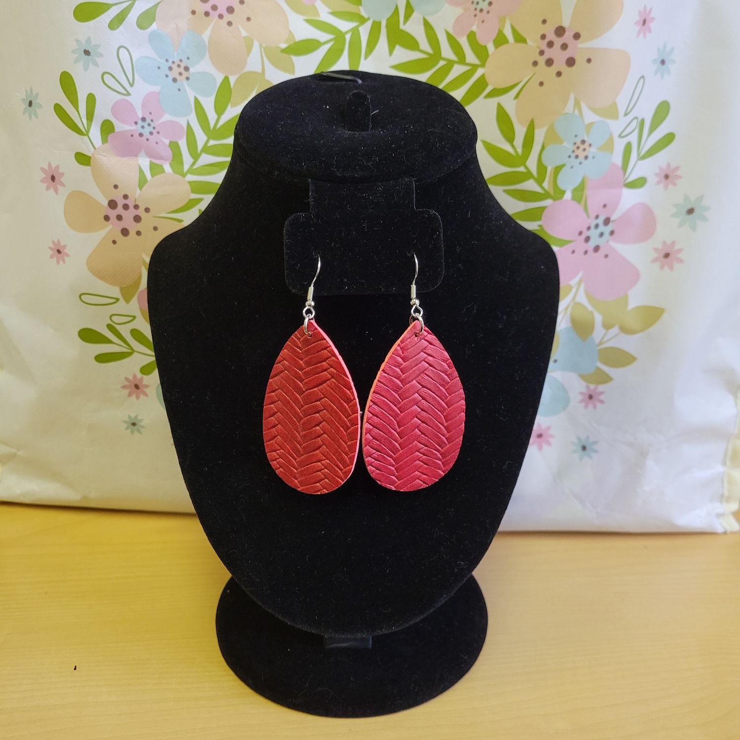 Textured Faux Leather Earrings, Color: Red