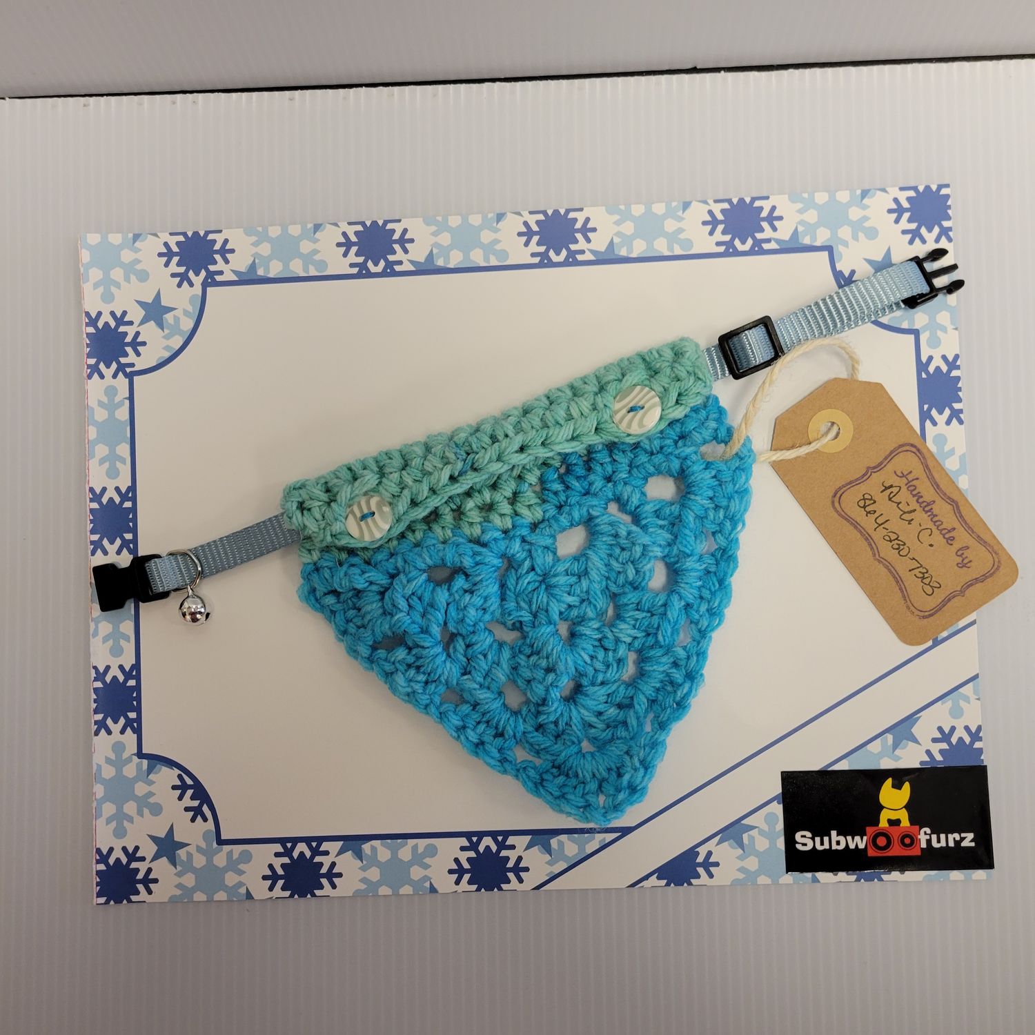 Crochet Dog Bandana w/ Collar, Color: Mint/Blue, Size: XS-S
