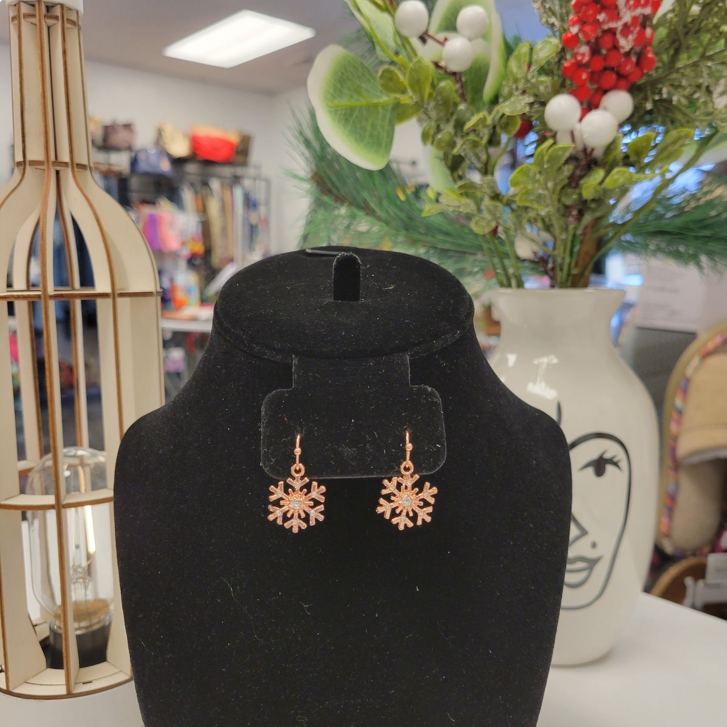 Faux Rose Gold Dangle Earrings, Color: Snowflake