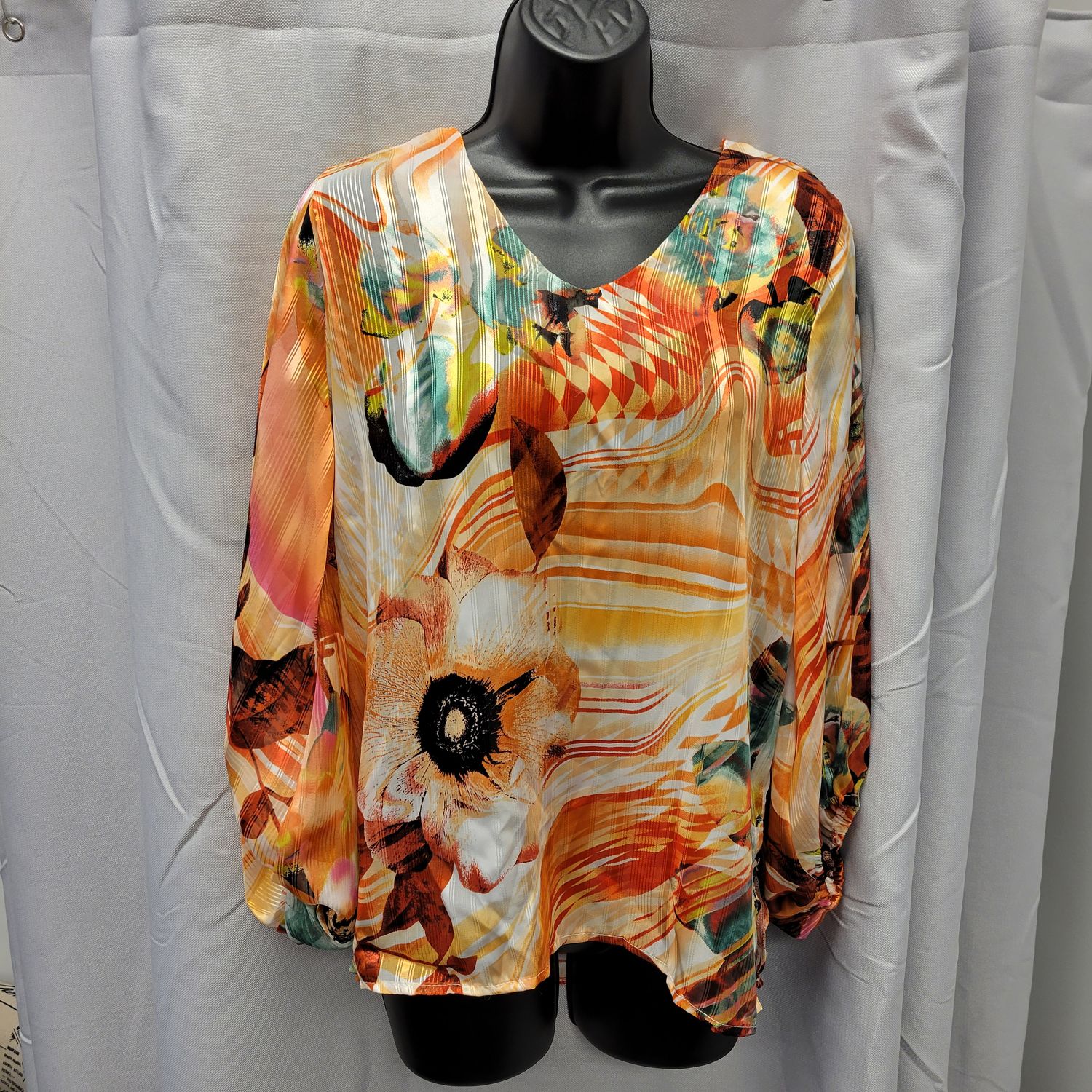 Satin Orange Floral Blouse, Size: S