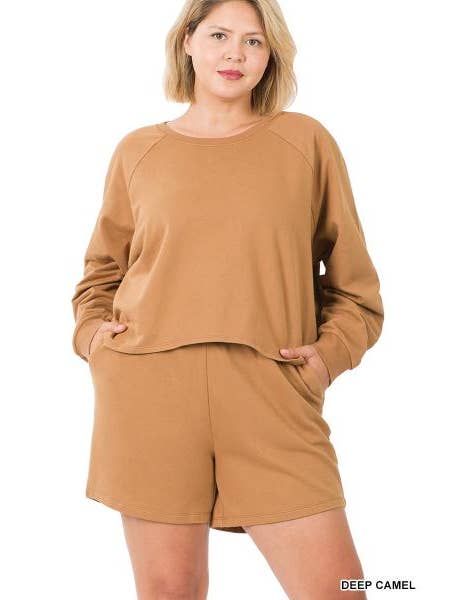 Plus Size Terry Long Sleeve Oversized Top &amp; Shorts Camel , Size: 1X