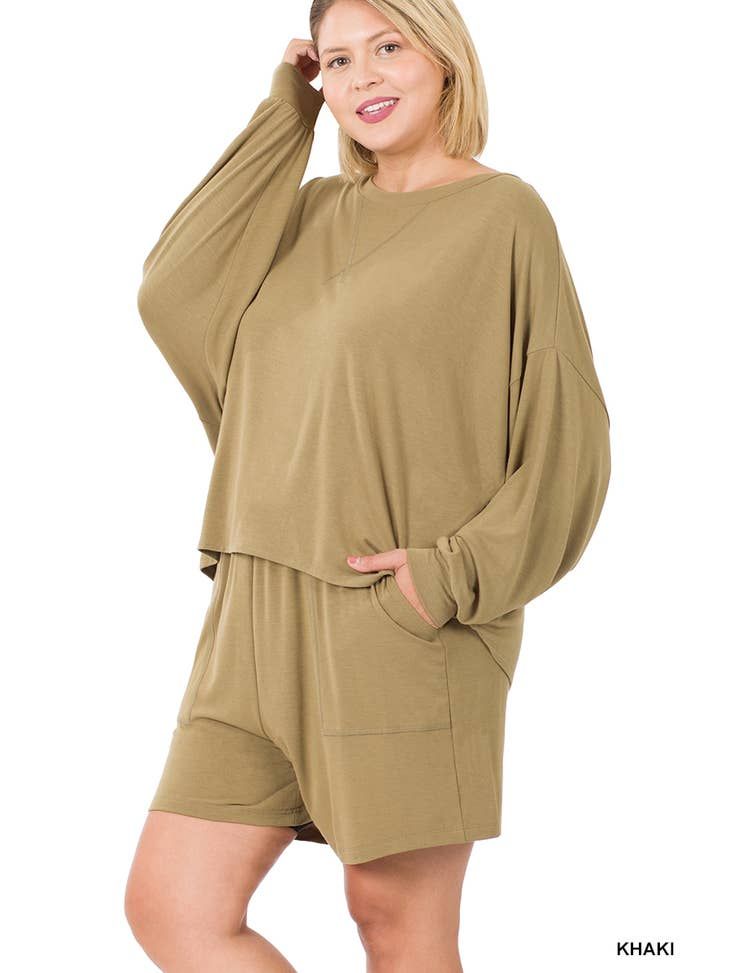 Plus Khaki Top and Shorts Set, Size: 1X