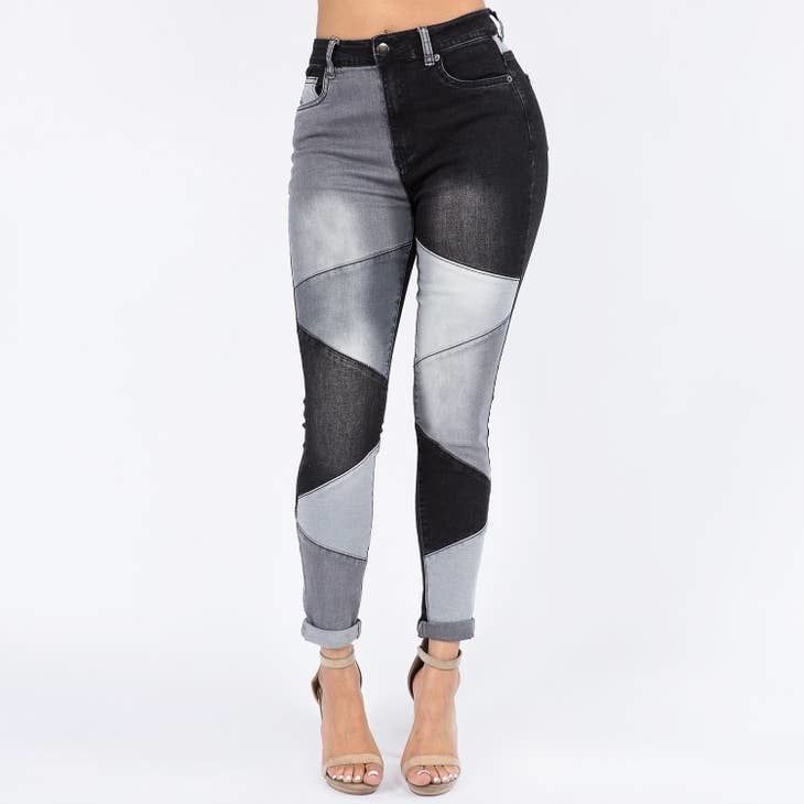 Plus Size Dark Color Block High Waist Skinny Jeans 