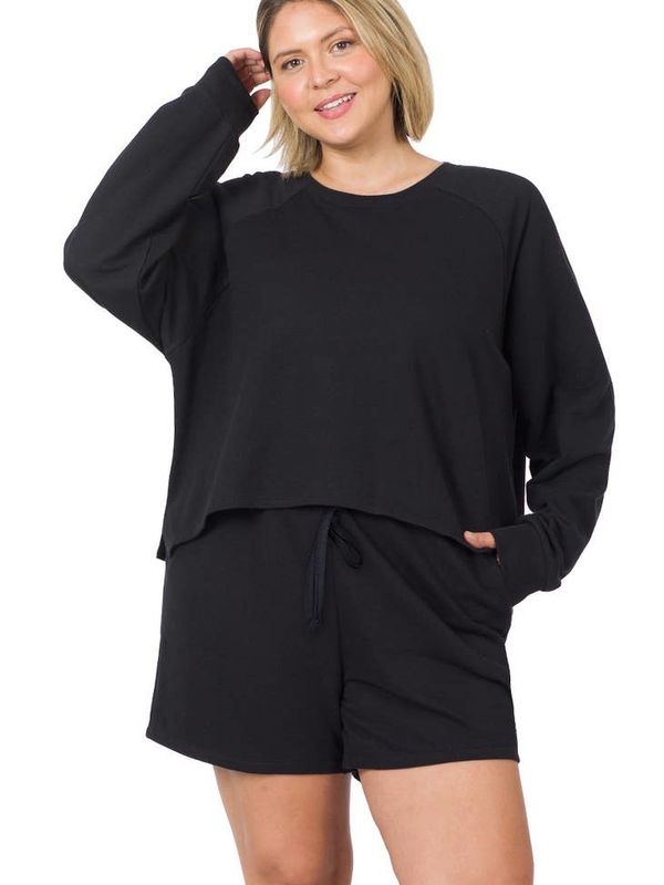 Plus Black Long Sleeve Top and Shorts Set 