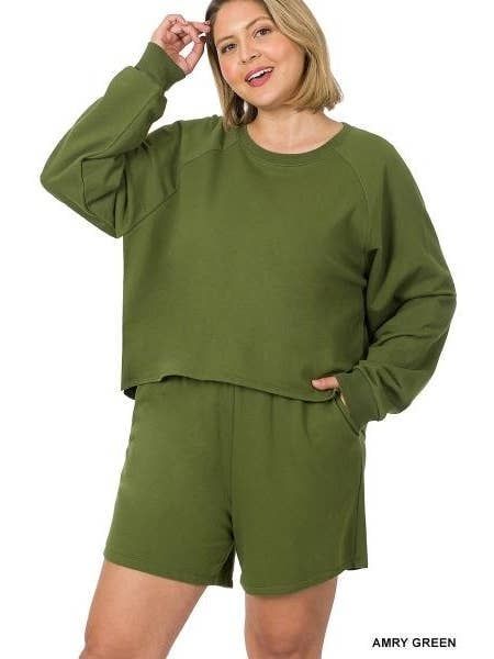 Plus Army Green Long Sleeve Top and Shorts Set 