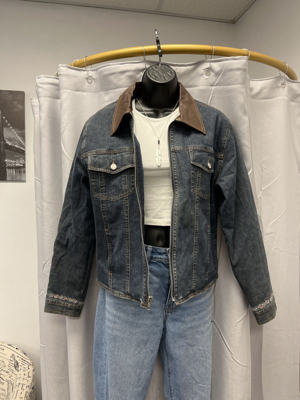 Telluride Denim jacket 100% Leather Collar (M) Pre-owned