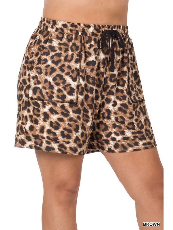 Plus Size Brown Leopard Print Drawstring Waist Shorts (New)