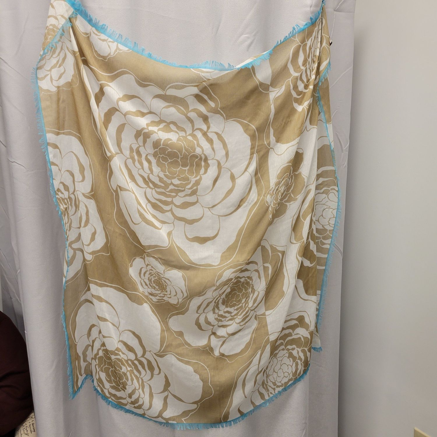 Echo Beige Floral Scarf w/ Turqoise fringe (OS) Gently used