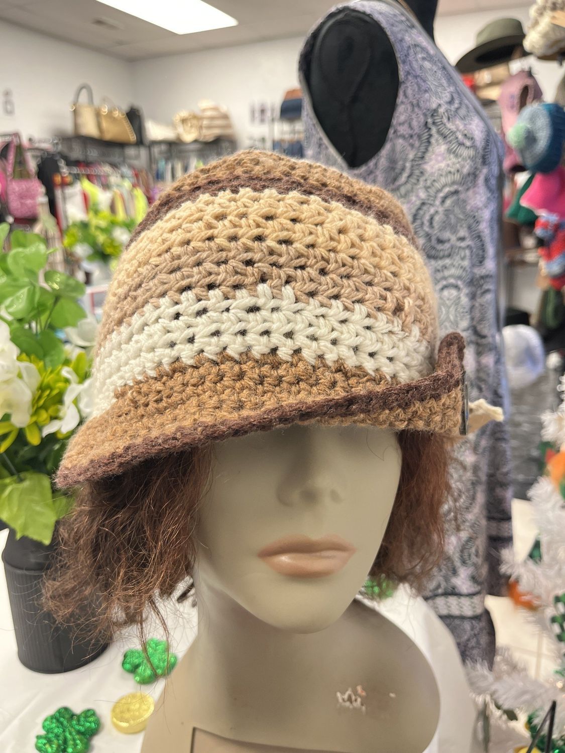 Crochet Brown/Beige/Tan Aviator Cap