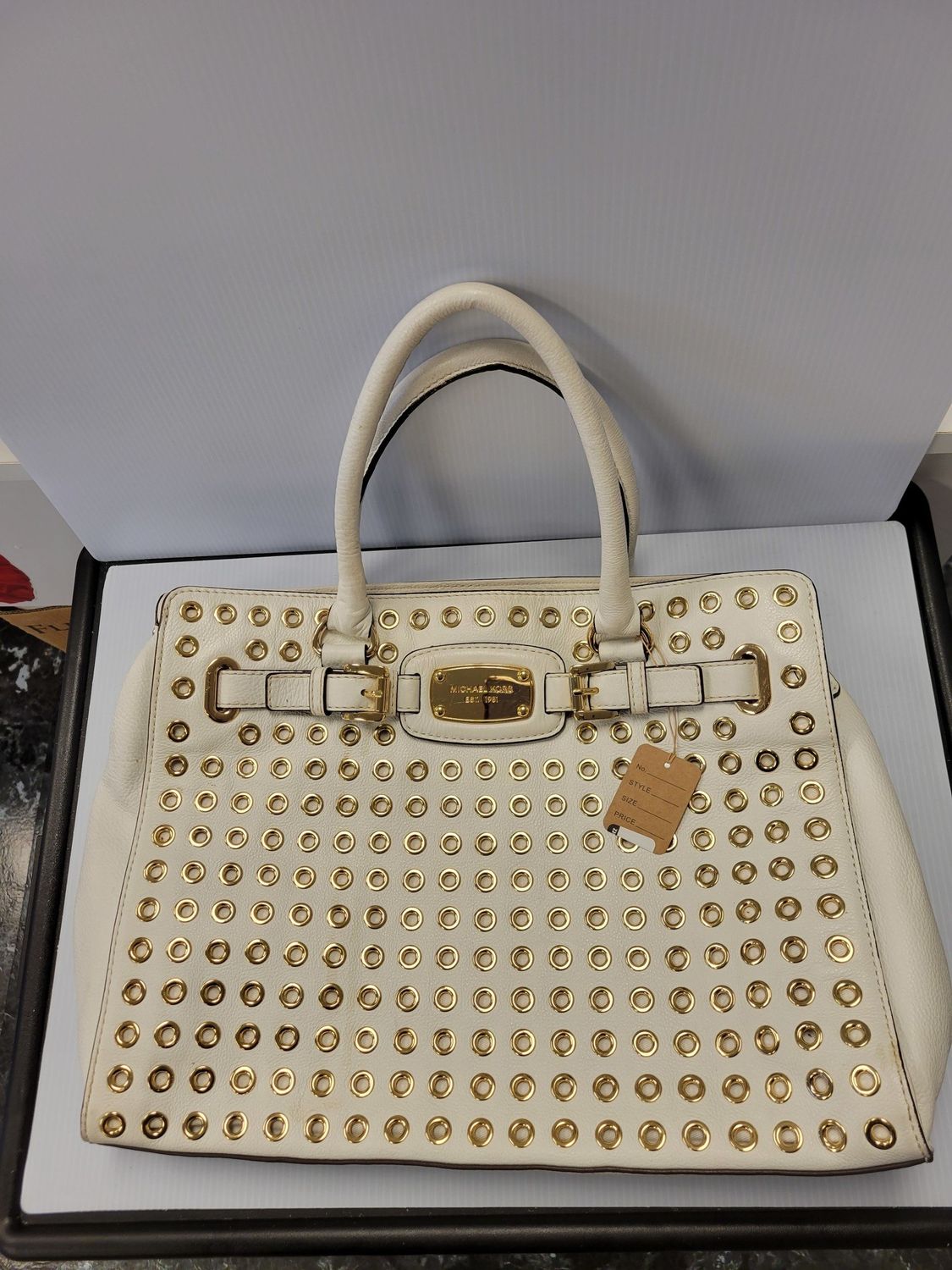 MK Hamilton NS Grommet White Soft Pebbled Leather Satchel
