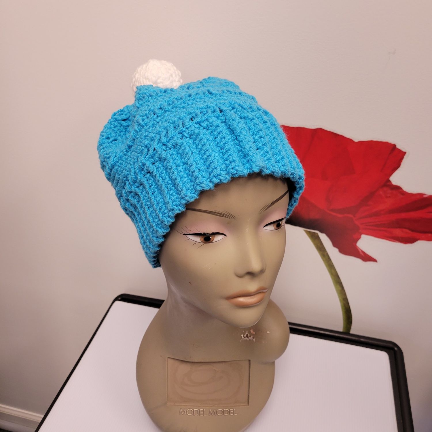 Aqua Blue Crochet Beanie with Pom