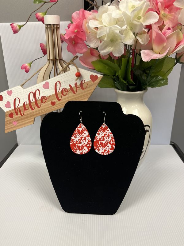 White Teardrop Red Heart Earrings