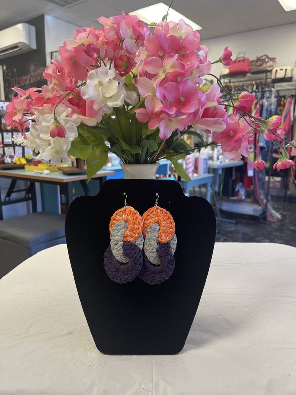 Crochet Link Tri-color Orange/Gray/Purple Earrings