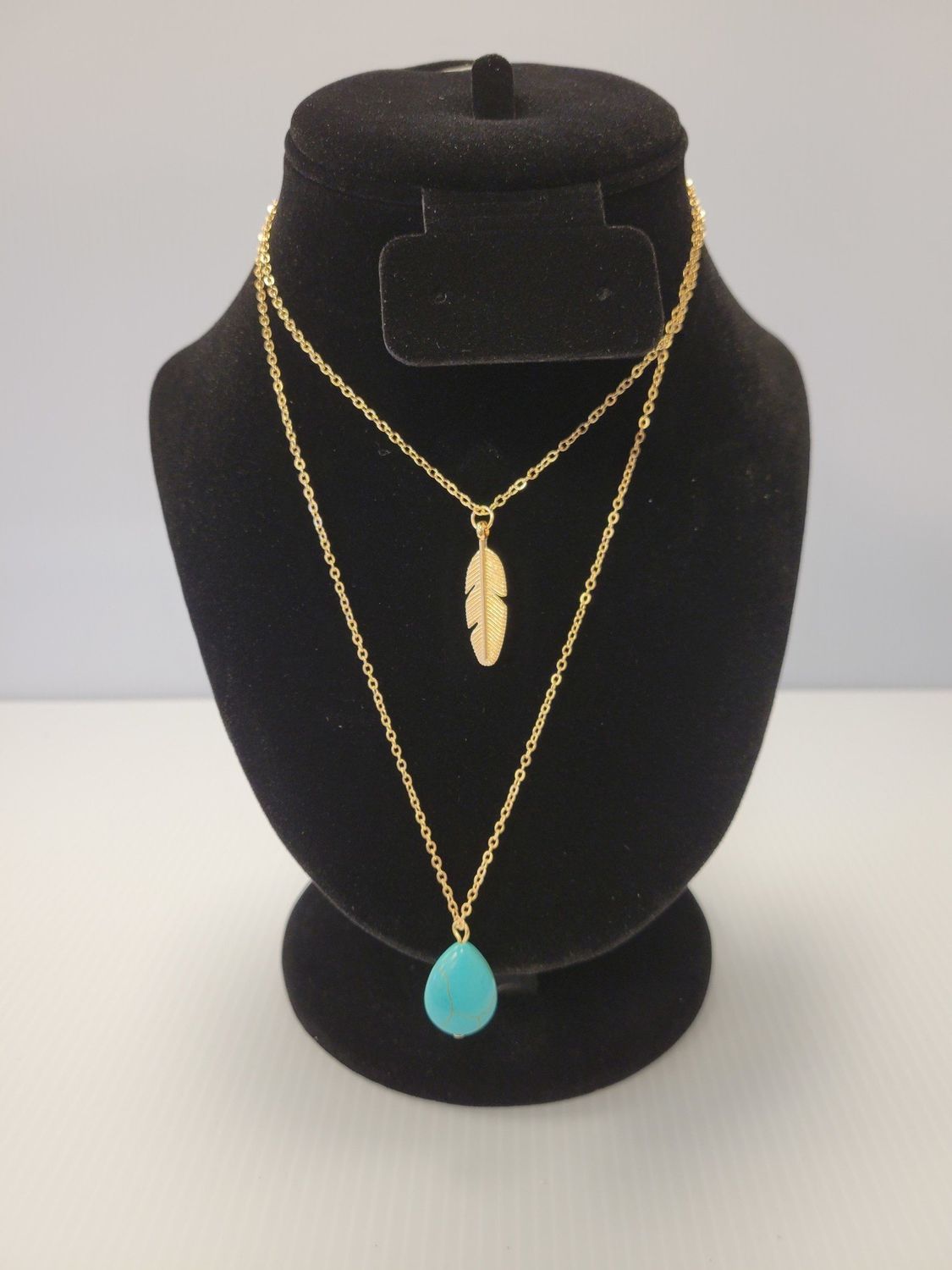 Gold Feather and Turquoise Pendant