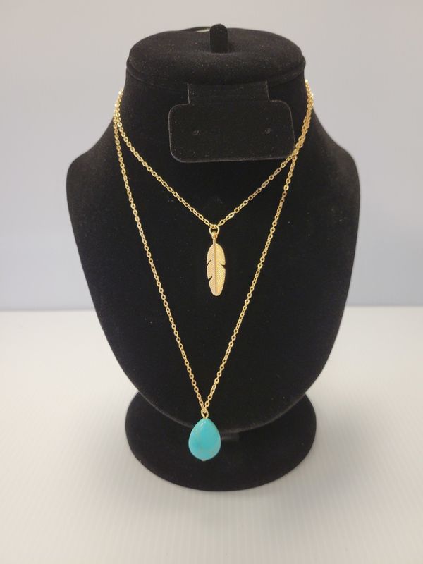 Gold Feather and Turquoise Pendant