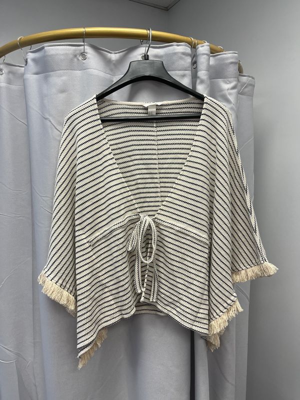 H&amp;M Fringe Lined Cream Striped Poncho (XS) Pre-owned