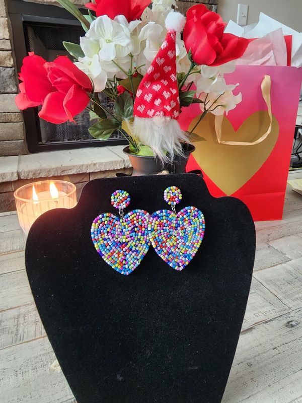 Rainbow Beaded Heart Earrings NEW!