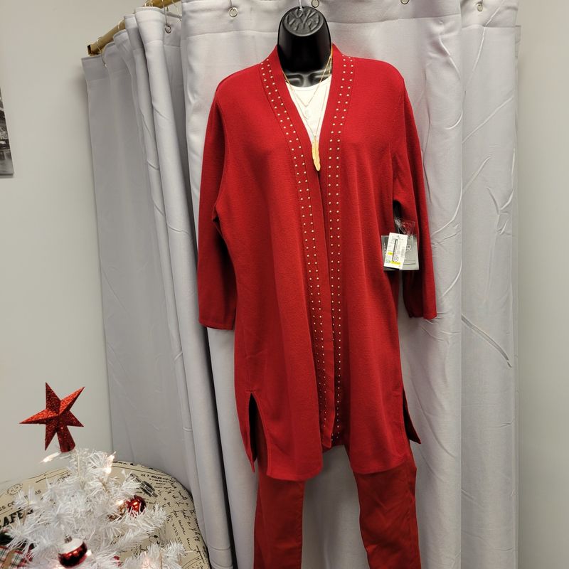 Kasper Red Open Cardigan Gold Studs 1X (NWT)