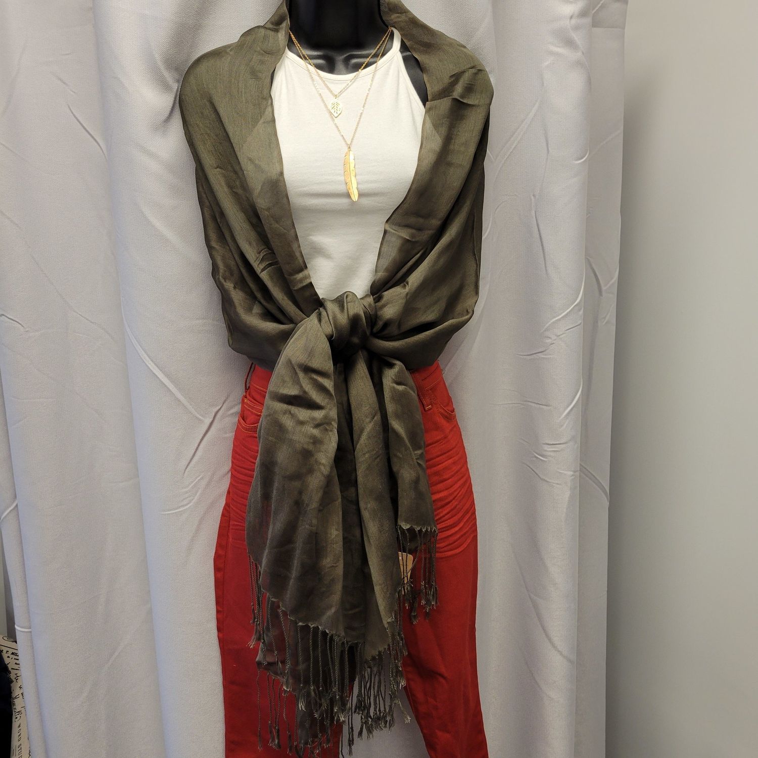 Olive Green Silk Scarf (OS) Pre-owned