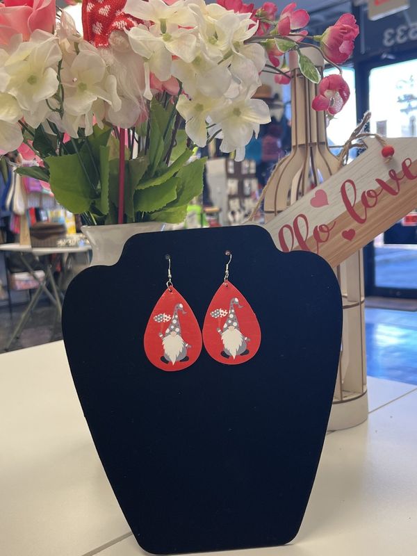 Red Teardrop Gray Gnome 2 Heart Earrings