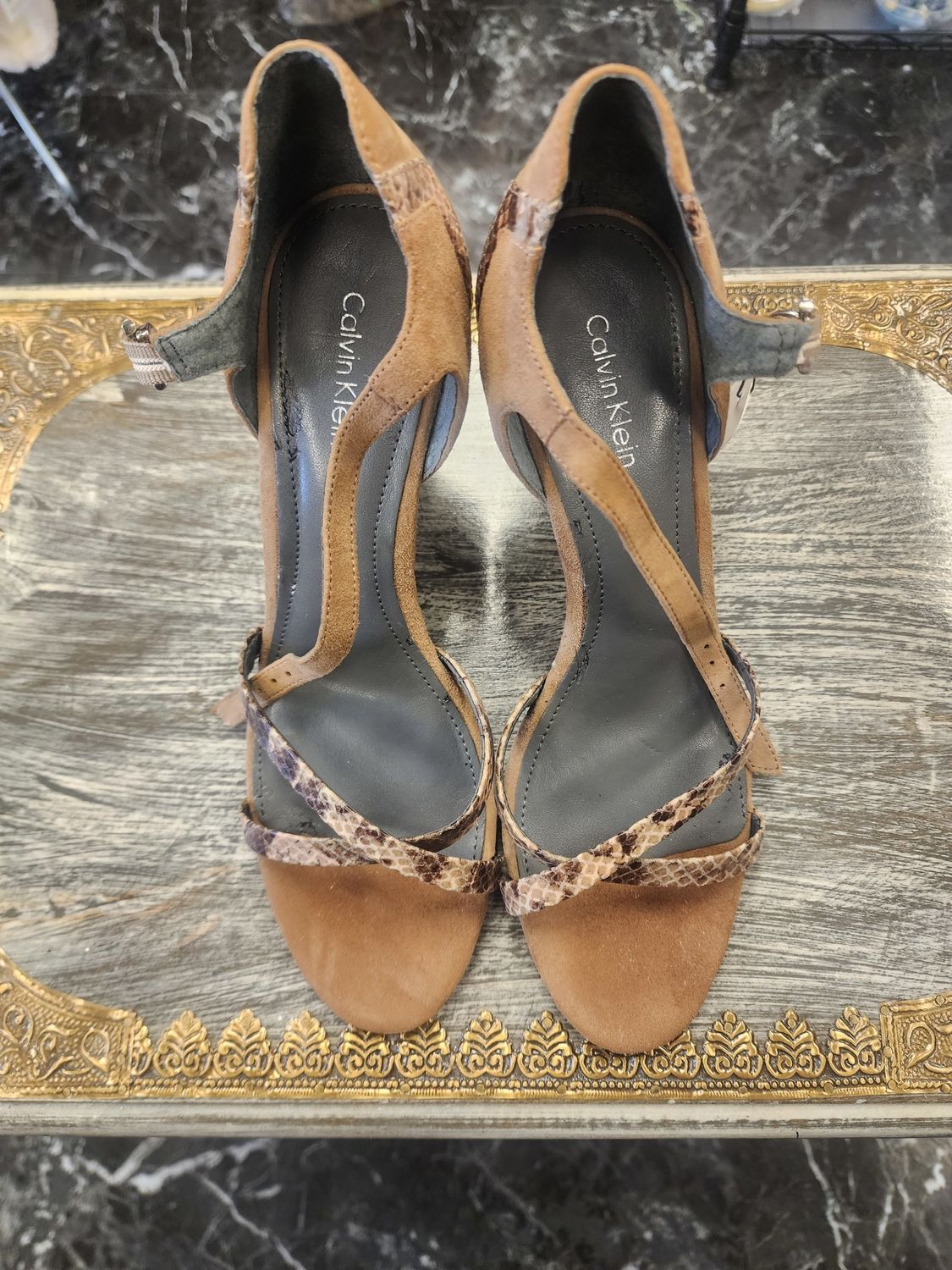 Calvin Klein Suede and Leather Snake Print Sandals (8M) Pre-owned