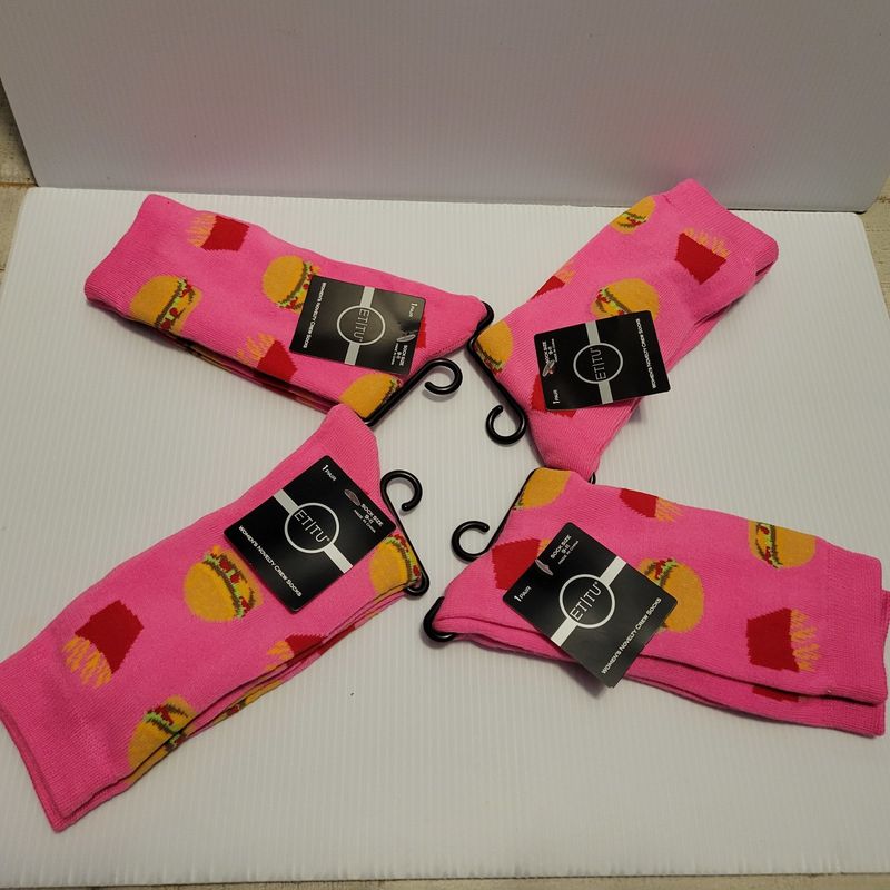 Hot pink hamburger and fries socks (9-11)