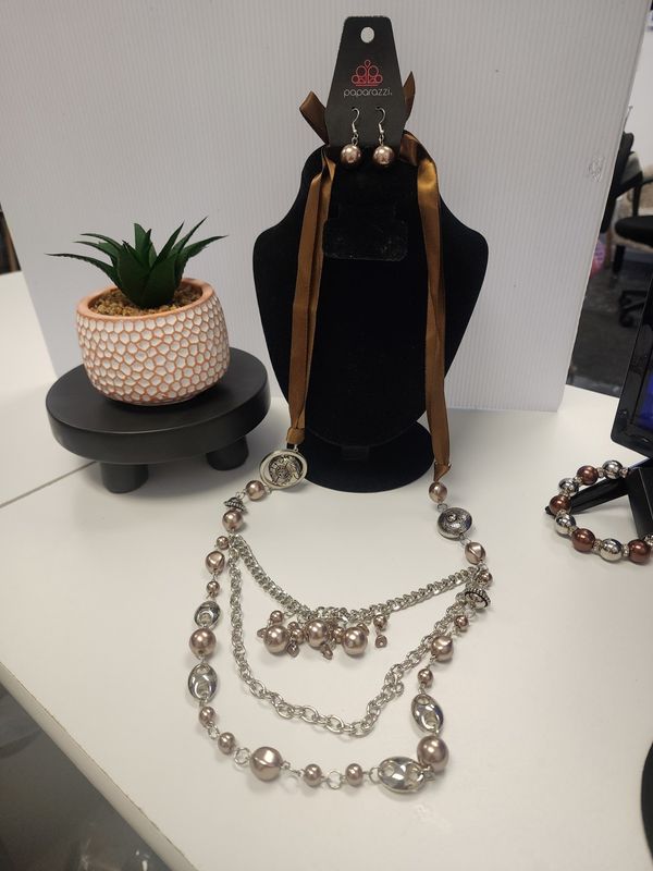 Paparazzi &quot;All The Trimmings&quot; Brown Tie Beaded Necklace and Earring Set (NWT)