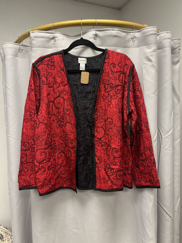 Chico&#39;s Red and Black Silk Cardigan (1) Pre-owned