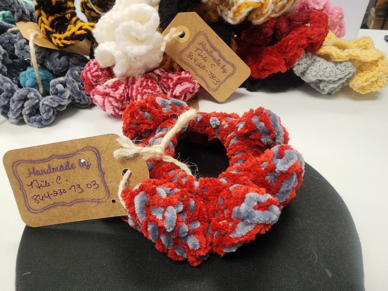 XL Chenille Red/Gray Handmade Scrunchie