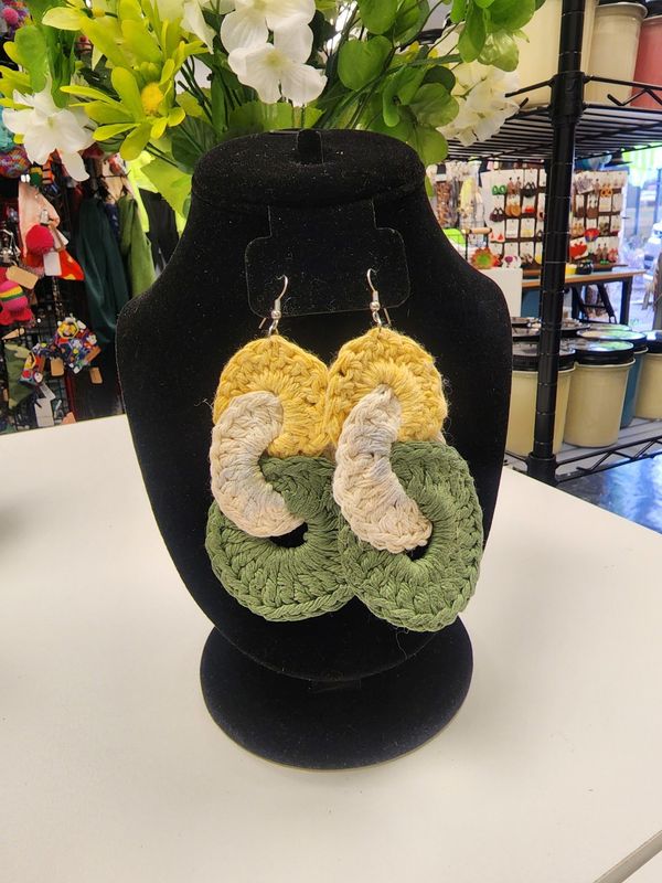 Crochet Link Tri-color Yellow/Cream/Green Earrings