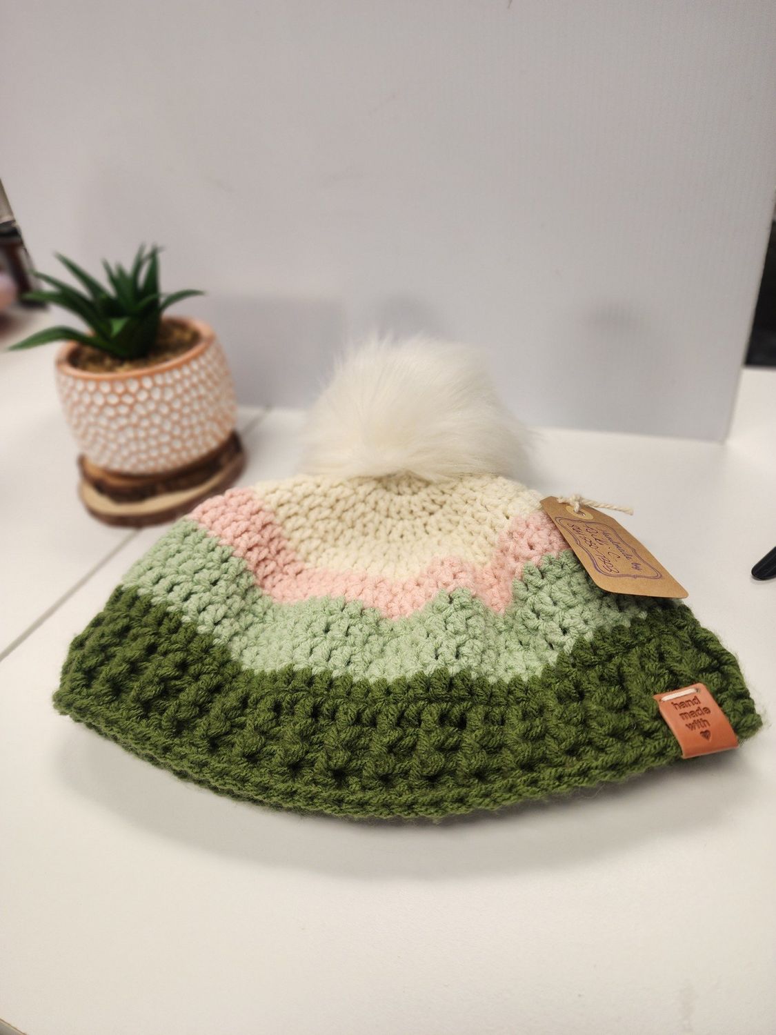 Crochet Multi-color Beanie with Faux Fur Pom 100% Acrylic