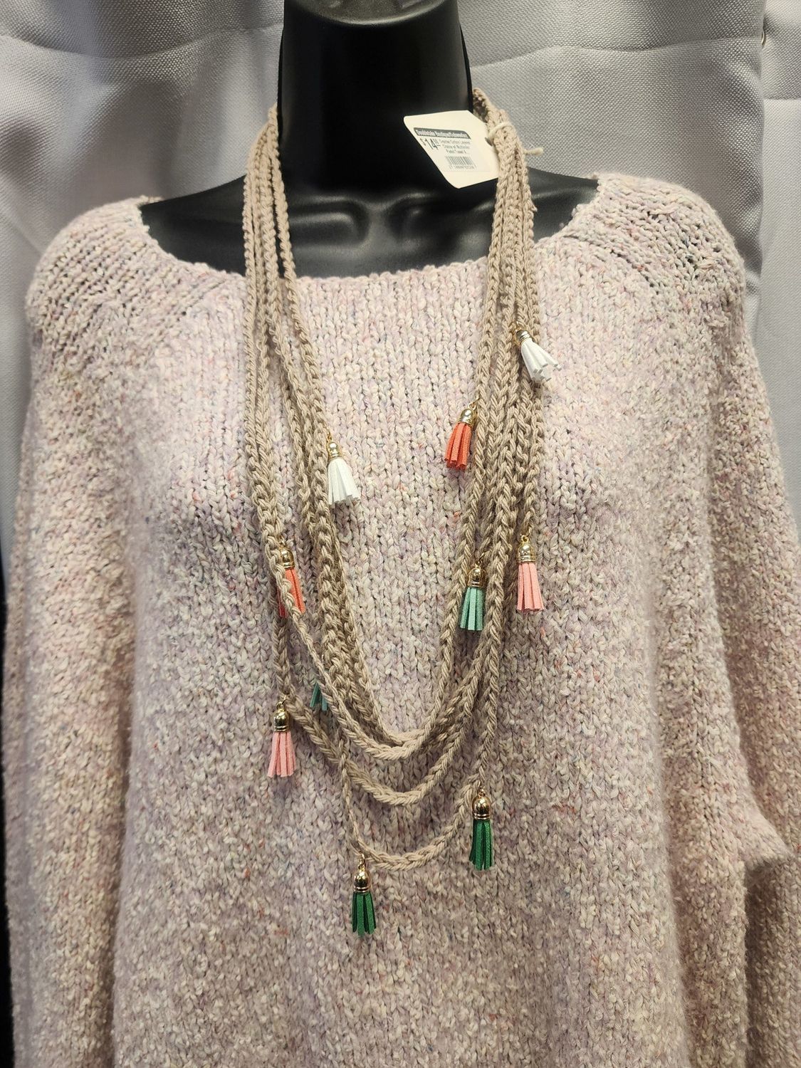 Crochet Cotton Necklace Layered Chains w/ Multicolor Pastel Tassel Accents