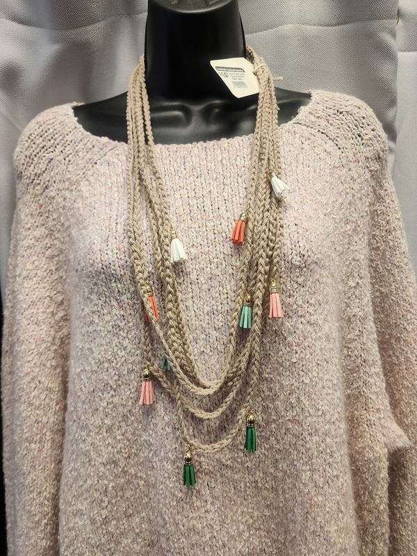 Crochet Cotton Necklace Layered Chains w/ Multicolor Pastel Tassel Accents