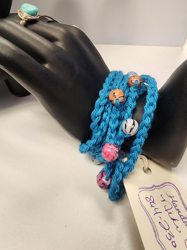 Crochet Teal Chain Bracelet W/ Multicolor Bead Accents