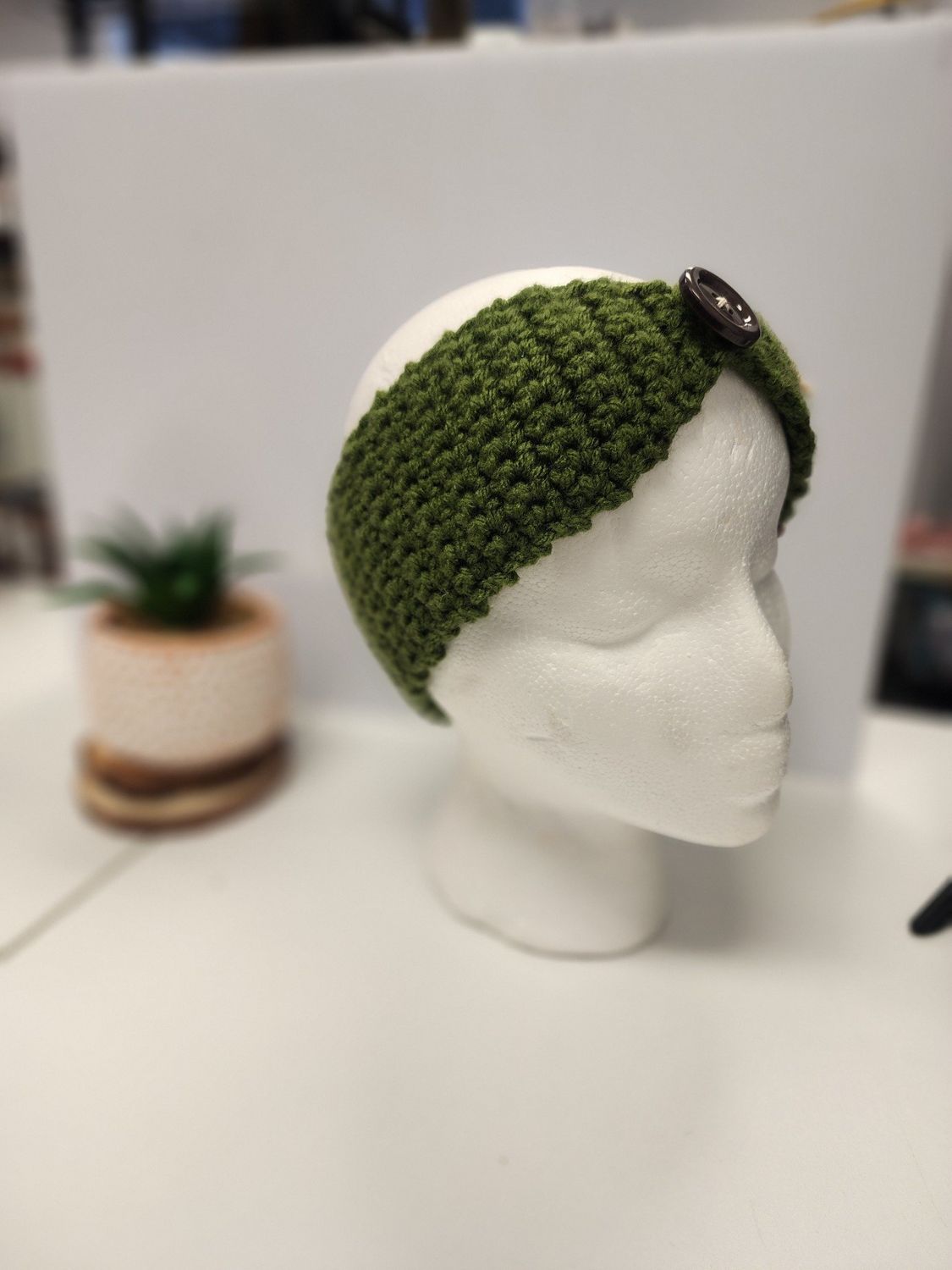 Crochet Leaf Green Headband w/ Button Accent 100% Acrylic