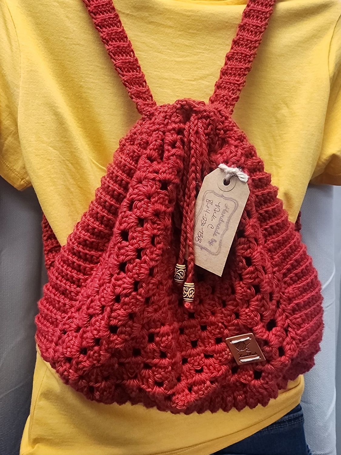 Crochet Cotton Granny Square Drawstring Red Backpack