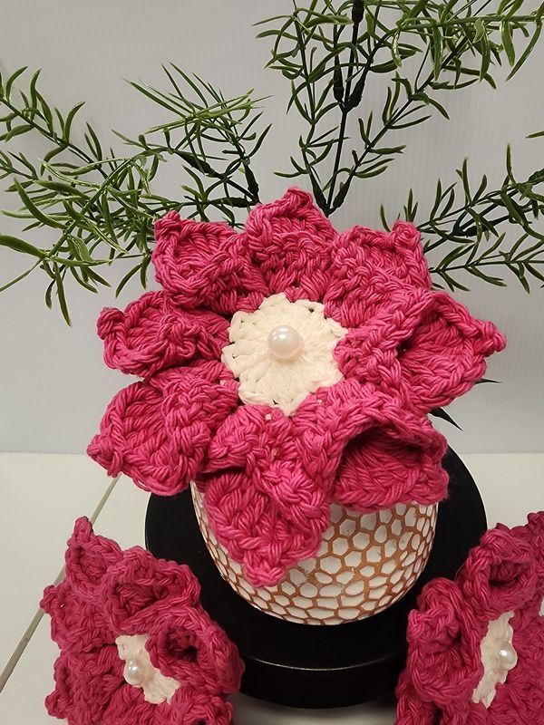 Crochet (Fuschia) Cotton Flower Broach with Pearl Accent