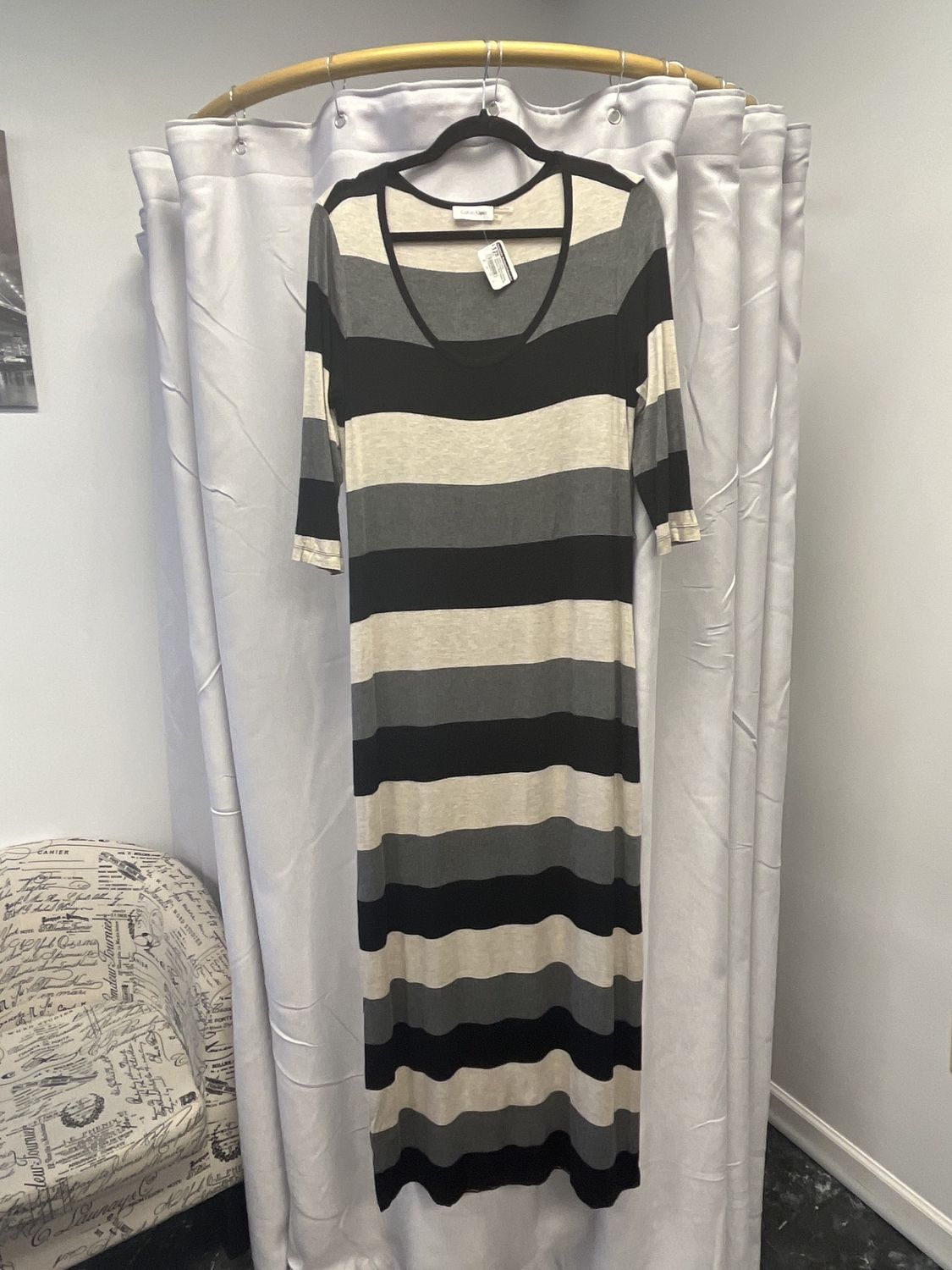 Calvin Klein Black/Tan/Gray Striped Stretchy Maxi Dress (10) Pre-owned