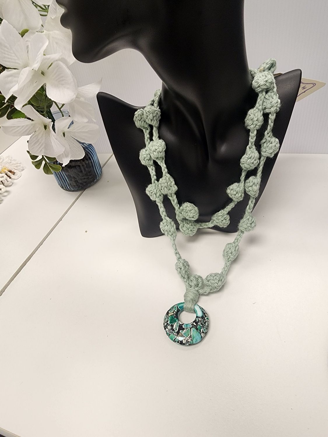 Crochet Cotton Puff Stitch Necklace w/ Stone Pendant