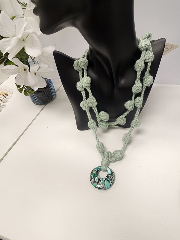 Crochet Cotton Puff Stitch Necklace w/ Stone Pendant