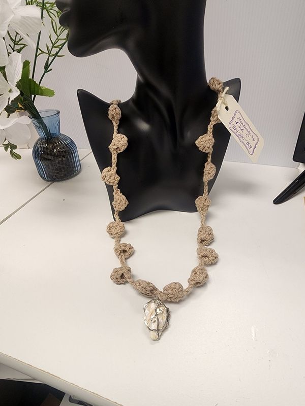 Crochet Cotton Puff Stitch Necklace w/ White Abalone Pendant