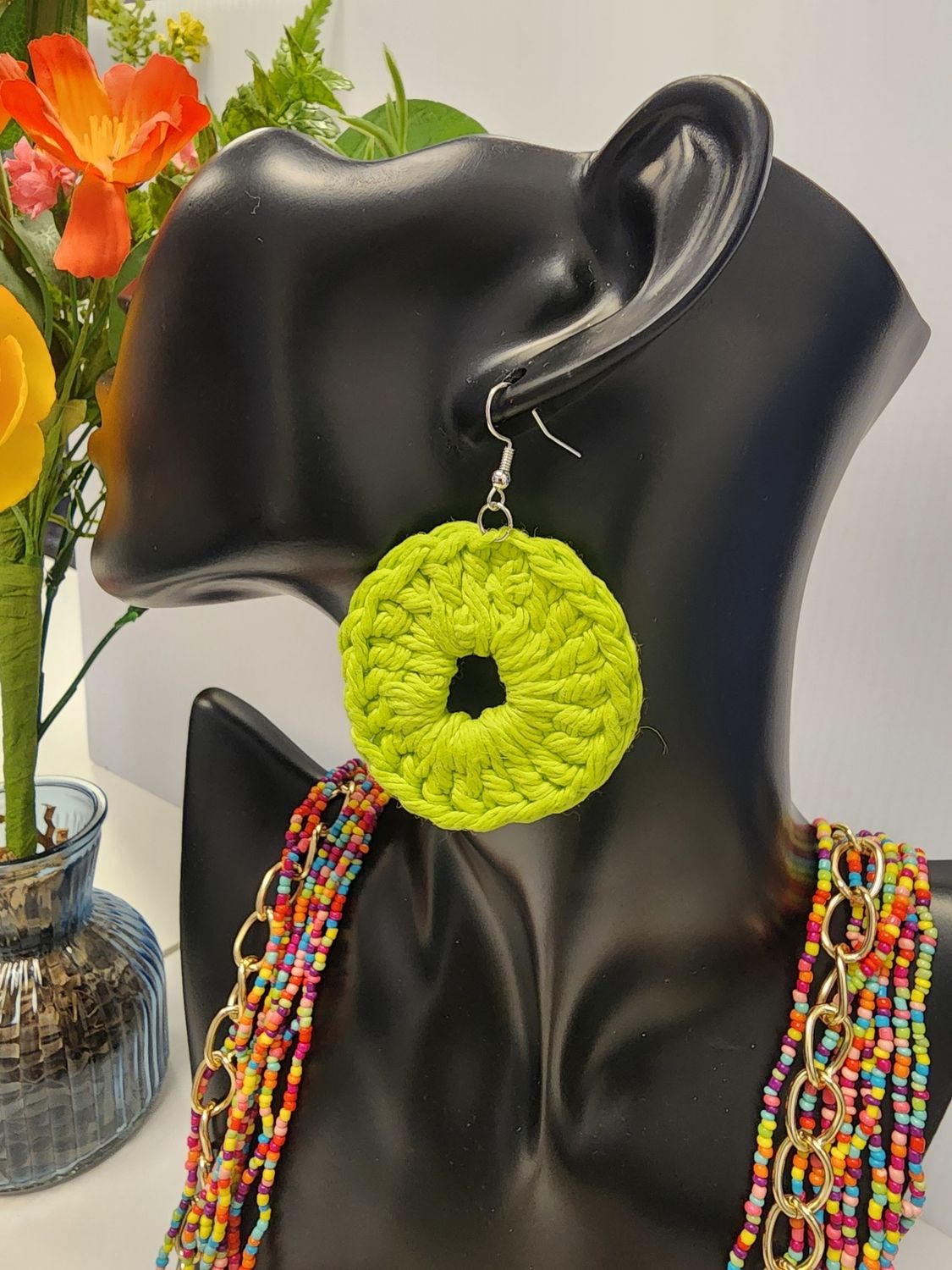 Crochet Vintage Green Med Round Earrings