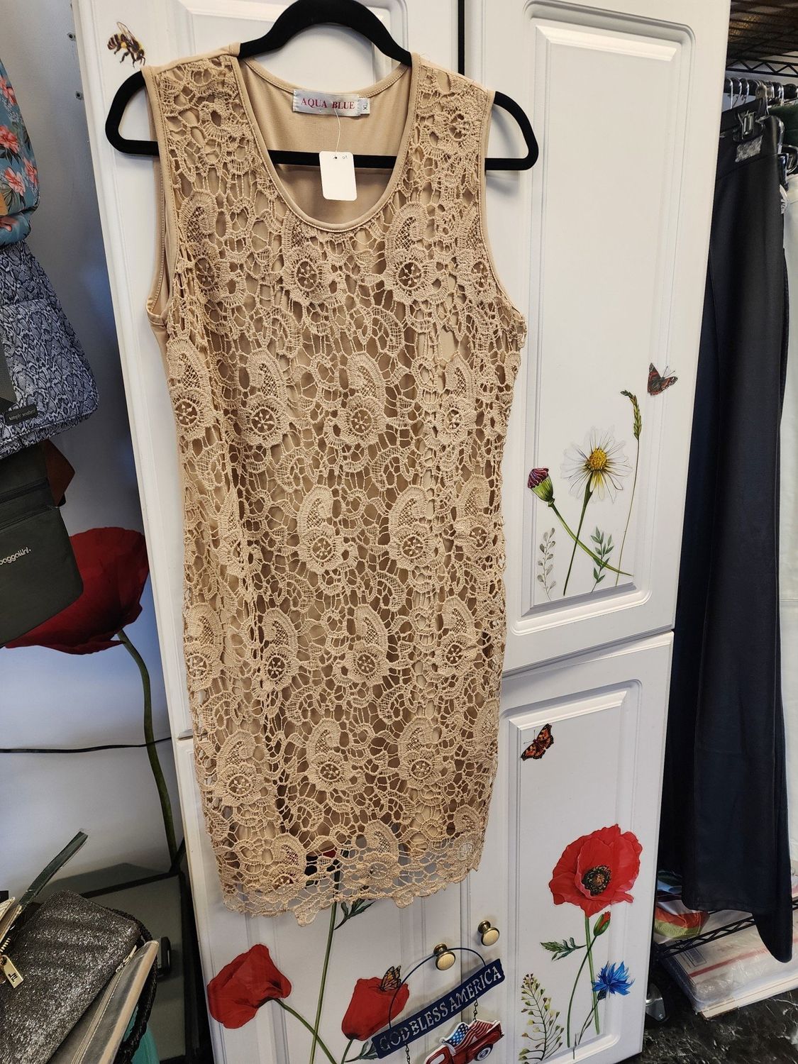 Aqua Blue Taupe Crochet Lace Dress (XL) Gently Used