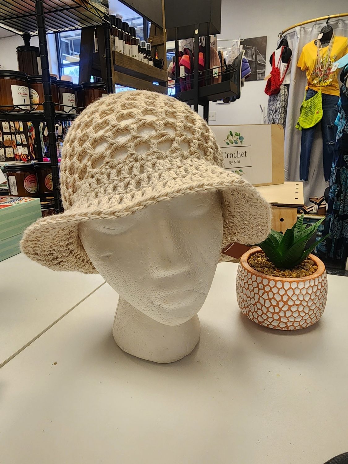 Crochet Cotton Mesh Bucket Hat Parchment Color (S/M)