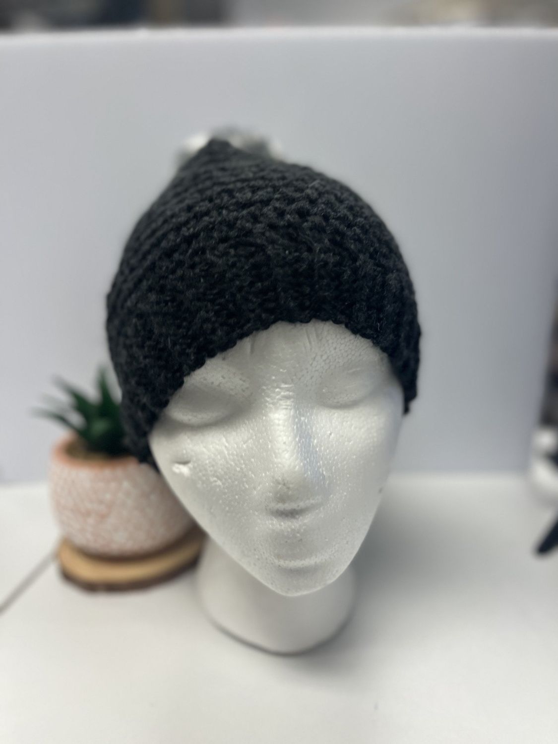 Dark Gray Acrylic Beanie with Leopard Print PomPom