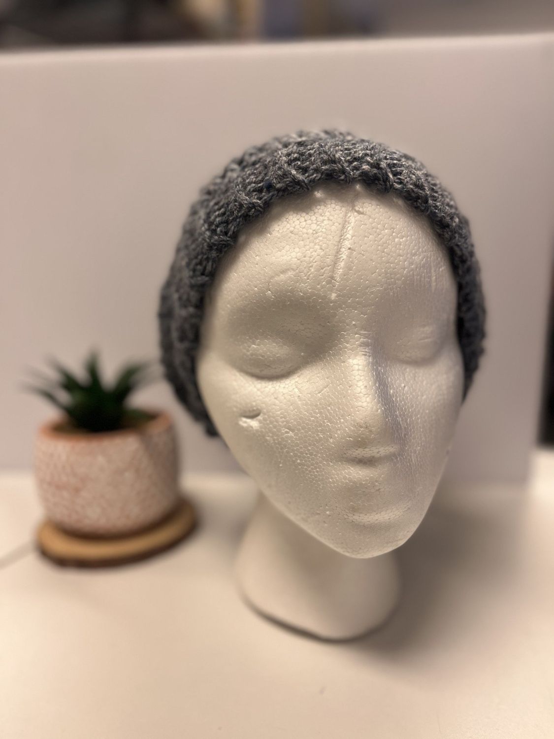 Denim Acrylic Crochet Slouchy Beanie with PomPom
