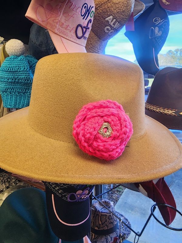 Crochet Acrylic Pink Rose Broach with Button Accent