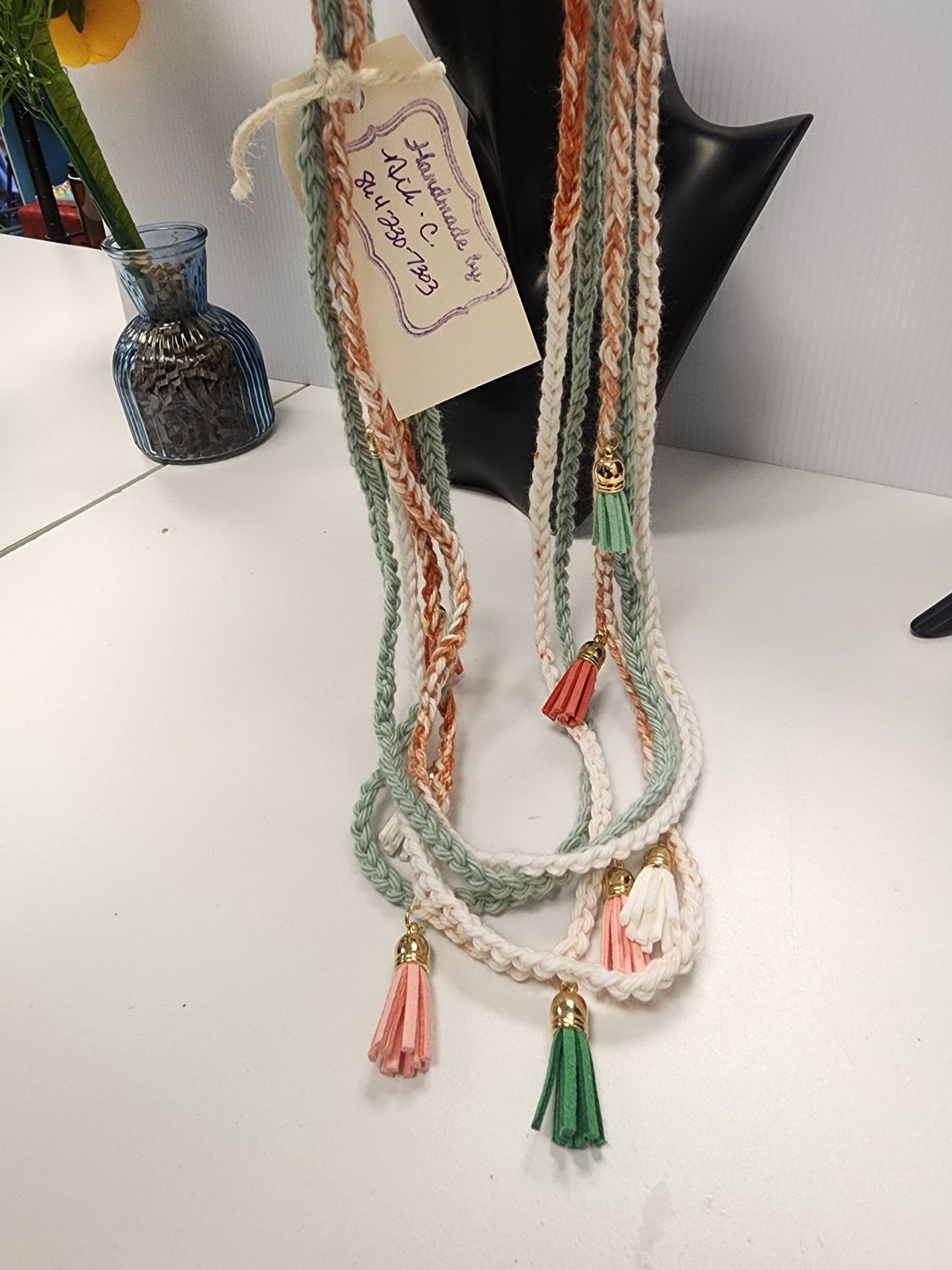Crochet Cotton Necklace Multicolor Layered Chains w/ Multicolor Tassel Accents