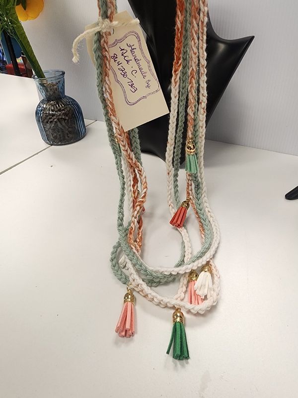 Crochet Cotton Necklace Multicolor Layered Chains w/ Multicolor Tassel Accents