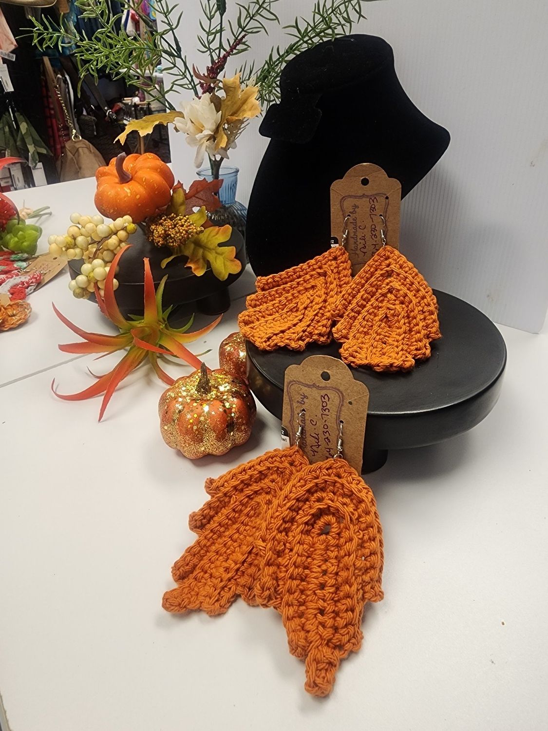Crochet Orange Leaf Style Earrings (Lrg)